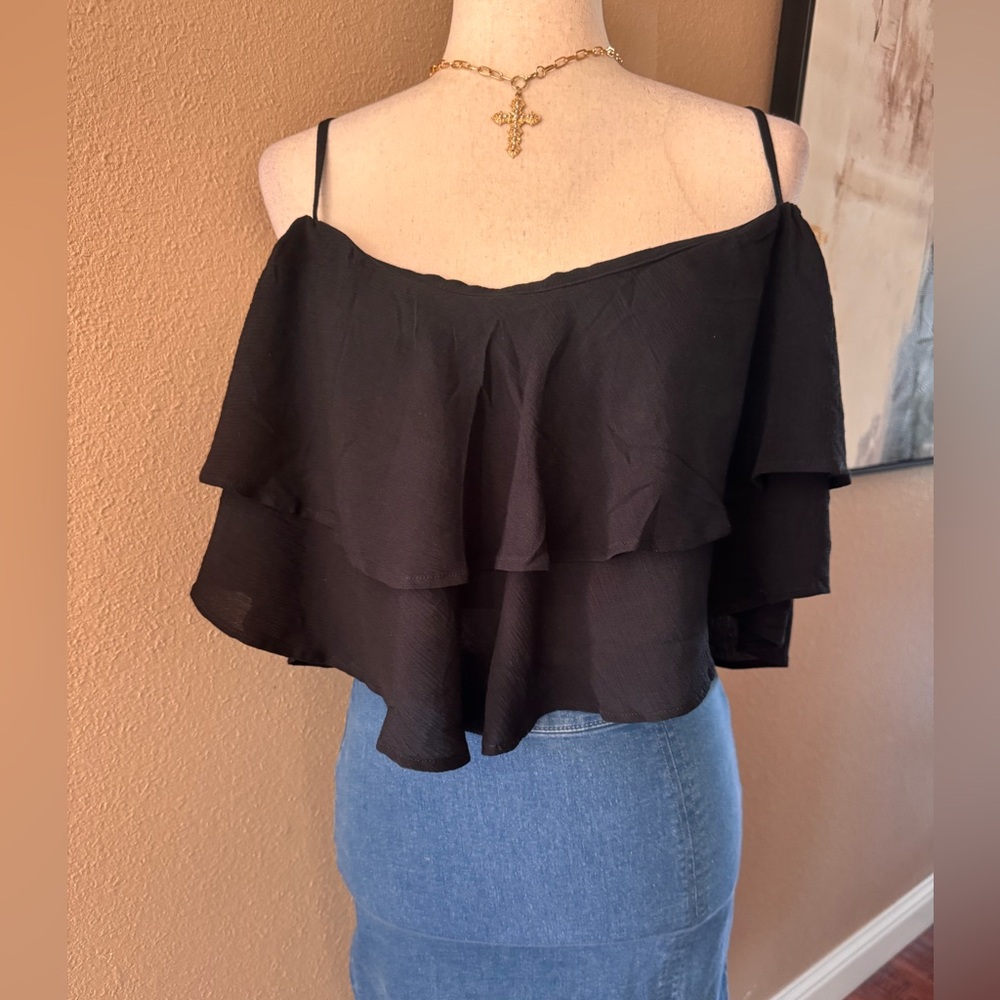 Black Ruffle Flounce Off-Shoulder Top